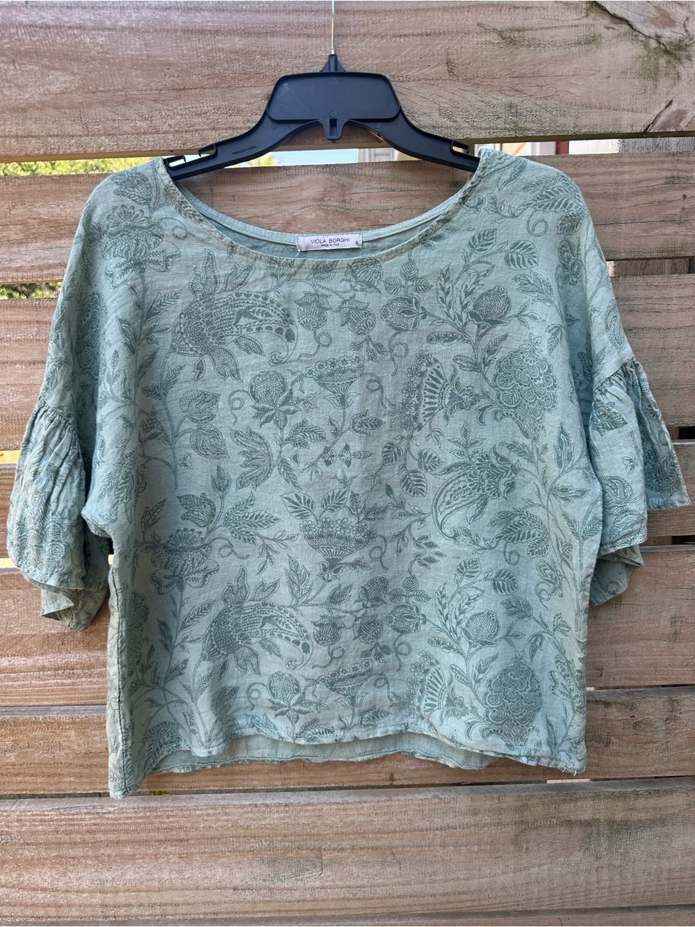 Viola Borghi BoSage Green Floral Linen Blend Boxy Top
